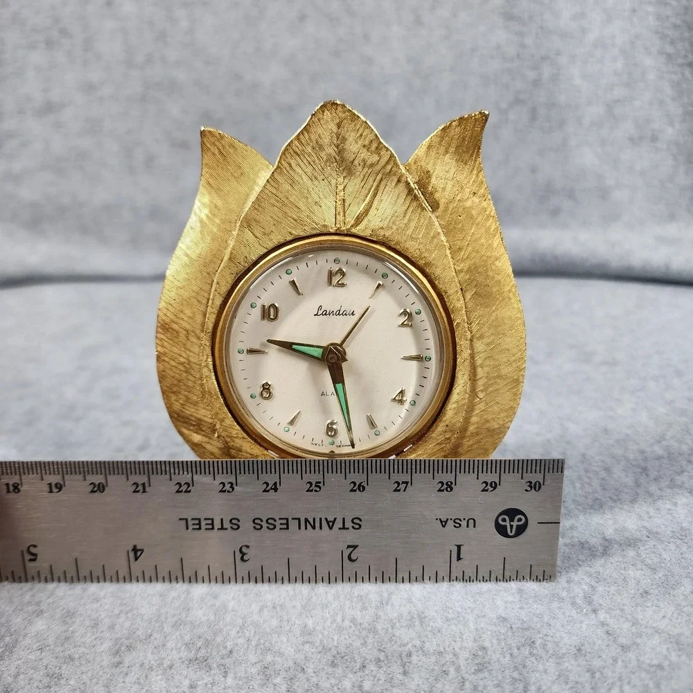 Vintage Landau Tulip Alarm Clock West Germany Gold Tone Hana‎ Glow Hands
